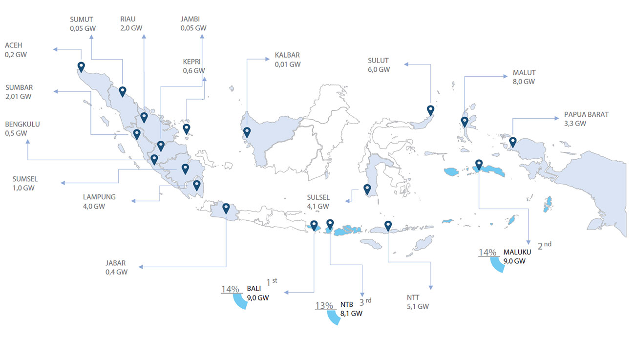 Peta sebaran potensi energi gelombang laut Indonesia